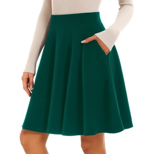 image:imageSTELLE Womens 21 Knee Length Skirts with Pockets Casual Basic Midi Skirt Stretchy High Waisted Skater Flared PleatedGreen