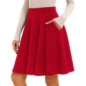 image:imageSTELLE Womens 21 Knee Length Skirts with Pockets Casual Basic Midi Skirt Stretchy High Waisted Skater Flared PleatedRed