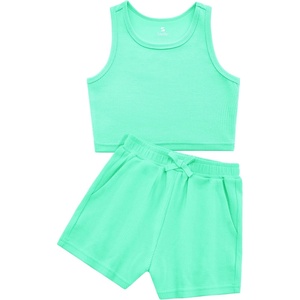 image:imageStelle Girls 2 Piece Outfits Tank Top and Shorts with Pockets 515 Years  Girls Ribbed TopsCrop TopsScoop NeckSleeveless TopsElastic Waist ShortsBow WaistSide PocketsMint Green