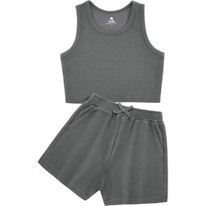 image:imageStelle Girls 2 Piece Outfits Tank Top and Shorts with Pockets 515 Years  Girls Ribbed TopsCrop TopsScoop NeckSleeveless TopsElastic Waist ShortsBow WaistSide PocketsCharcoal