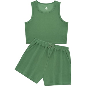 image:imageStelle Girls 2 Piece Outfits Tank Top and Shorts with Pockets 515 Years  Girls Ribbed TopsCrop TopsScoop NeckSleeveless TopsElastic Waist ShortsBow WaistSide PocketsGrass Green