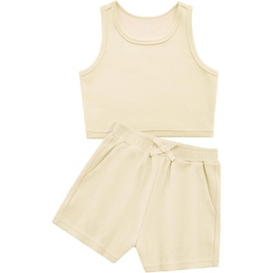 image:imageStelle Girls 2 Piece Outfits Tank Top and Shorts with Pockets 515 Years  Girls Ribbed TopsCrop TopsScoop NeckSleeveless TopsElastic Waist ShortsBow WaistSide PocketsVanilla