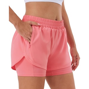 image:imageStelle Women 2 in 1 Running Shorts High Waisted Athletic Shorts Gym Workout Shorts with Liner Zipper PocketsCoral