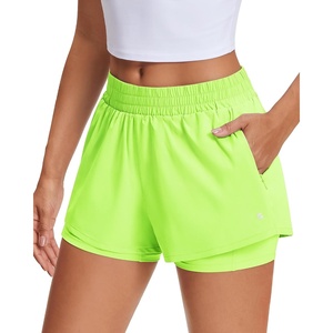 image:imageStelle Womens 2 in 1 Running Shorts Athletic Workout Gym Shorts High Waisted Shorts with Liner Zipper PocketsNeon Yellow