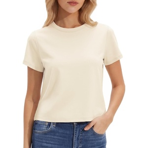 image:imageStelle Womens Short Sleeve Crewneck TShirts Cotton Basic Tees Summer Casual Solid Crop TopsCreme