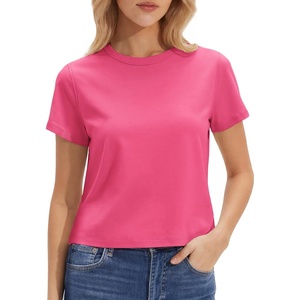 image:imageStelle Womens Short Sleeve Crewneck TShirts Cotton Basic Tees Summer Casual Solid Crop TopsDeep Pink