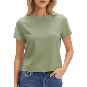 image:imageStelle Womens Short Sleeve Crewneck TShirts Cotton Basic Tees Summer Casual Solid Crop TopsGray Sage