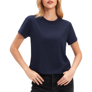 image:imageStelle Womens Short Sleeve Crewneck TShirts Cotton Basic Tees Summer Casual Solid Crop TopsNavy