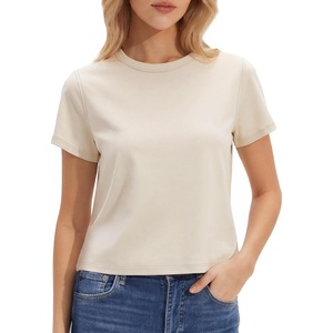 image:imageStelle Womens Short Sleeve Crewneck TShirts Cotton Basic Tees Summer Casual Solid Crop TopsWhite Beige