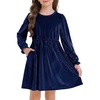 image:imageStelle Girls Long Sleeve Velvet Dress with Pockets 515 Years  Bell SleeveKnee LengthRibbedA LineTwirly DressHigh WaistFallWinter DressHolidayChristmasNew Years EvePartyIndigo