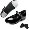 image:imageStelle Toddler Tap Shoes with Detachable BowToddlerLittle KidBig Kid  Detachable ribbon bow accentHookandloopSteel toe heel tapsCushioned insolePadded heel collarBlack