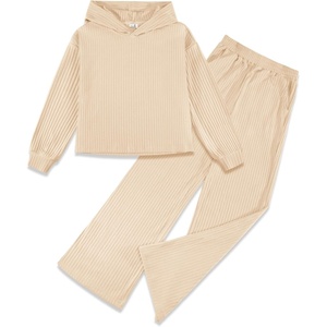 image:imageStelle Girls Clothes 2 Piece Fall Outfits Lounge Set Long Sleeve Pullover Hoodie Wide Leg Sweatpants Teen Ribbed TracksuitBeige