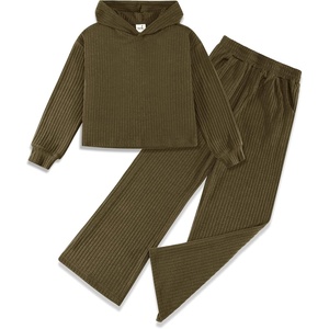 image:imageStelle Girls Clothes 2 Piece Fall Outfits Lounge Set Long Sleeve Pullover Hoodie Wide Leg Sweatpants Teen Ribbed TracksuitOlive Green