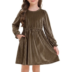 image:imageStelle Girls Long Sleeve Velvet Dress with Pockets 515 Years  Bell SleeveKnee LengthRibbedA LineTwirly DressHigh WaistFallWinter DressHolidayChristmasNew Years EvePartyGolden Brown