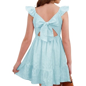 image:imageStelle Girls Square Neck Flutter Sleeve Tie Back Dress 515 Y  Smocked WaistCriss Cross Back BowCotton Lining Knee LengthBreathableStretchableEasterSpringSummerVacationBeachLight Blue