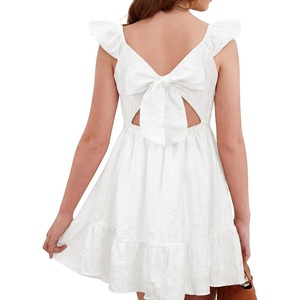image:imageStelle Girls Square Neck Flutter Sleeve Tie Back Dress 515 Y  Smocked WaistCriss Cross Back BowCotton Lining Knee LengthBreathableStretchableEasterSpringSummerVacationBeachWhite