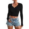 image:imageStelle Cropped Henley Shirts for Women Long Sleeve VNeck Shirt Ribbed Tops Knit Button Slim Fitted BlouseBlack