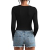 image:imageStelle Cropped Henley Shirts for Women Long Sleeve VNeck Shirt Ribbed Tops Knit Button Slim Fitted BlouseBlack