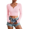 image:imageStelle Cropped Henley Shirts for Women Long Sleeve VNeck Shirt Ribbed Tops Knit Button Slim Fitted BlouseCherry Blossom