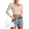 image:imageStelle Cropped Henley Shirts for Women Long Sleeve VNeck Shirt Ribbed Tops Knit Button Slim Fitted BlouseDesert Beige