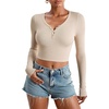 image:imageStelle Cropped Henley Shirts for Women Long Sleeve VNeck Shirt Ribbed Tops Knit Button Slim Fitted BlouseDesert Beige