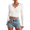 image:imageStelle Cropped Henley Shirts for Women Long Sleeve VNeck Shirt Ribbed Tops Knit Button Slim Fitted BlouseIvory