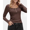 image:imageStelle Womens Long Sleeve Henley T Shirts Button Ribbed Knit Loose Fit Basic Tops Fall Fashion OutfitsCoffee