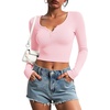 image:imageStelle Cropped Henley Shirts for Women Long Sleeve VNeck Shirt Ribbed Tops Knit Button Slim Fitted BlouseCherry Blossom