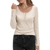 image:imageStelle Womens Long Sleeve Henley T Shirts Button Ribbed Knit Loose Fit Basic Tops Fall Fashion OutfitsBeige