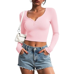 image:imageStelle Cropped Henley Shirts for Women Long Sleeve VNeck Shirt Ribbed Tops Knit Button Slim Fitted BlouseCherry Blossom