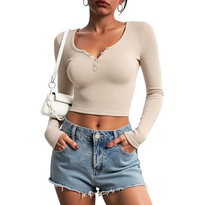 image:imageStelle Cropped Henley Shirts for Women Long Sleeve VNeck Shirt Ribbed Tops Knit Button Slim Fitted BlouseDesert Beige