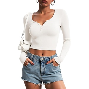 image:imageStelle Cropped Henley Shirts for Women Long Sleeve VNeck Shirt Ribbed Tops Knit Button Slim Fitted BlouseIvory