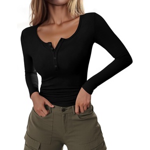 image:imageStelle Long Sleeve Henley Shirts for Women Casual Basic Crop Top Ribbed Knit Button Slim Fitted TshirtsBlack