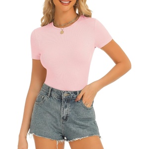 image:imageStelle Ribbed Tops for Women Short Sleeve Tshirt Slim Fit Basic Tee Casual BlouseCherry Blossom