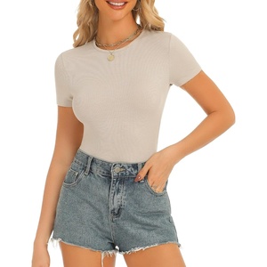 image:imageStelle Ribbed Tops for Women Short Sleeve Tshirt Slim Fit Basic Tee Casual BlouseDesert Beige