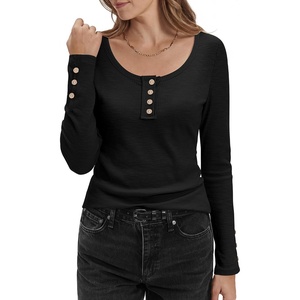 image:imageStelle Womens Long Sleeve Henley T Shirts Button Ribbed Knit Loose Fit Basic Tops Fall Fashion OutfitsBlack