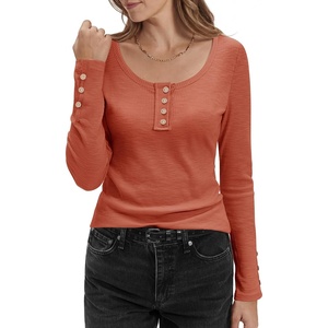 image:imageStelle Womens Long Sleeve Henley T Shirts Button Ribbed Knit Loose Fit Basic Tops Fall Fashion OutfitsBurnt Orange