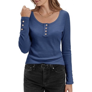 image:imageStelle Womens Long Sleeve Henley T Shirts Button Ribbed Knit Loose Fit Basic Tops Fall Fashion OutfitsDenim