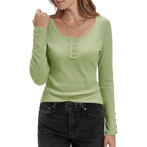 image:imageStelle Womens Long Sleeve Henley T Shirts Button Ribbed Knit Loose Fit Basic Tops Fall Fashion OutfitsMoss