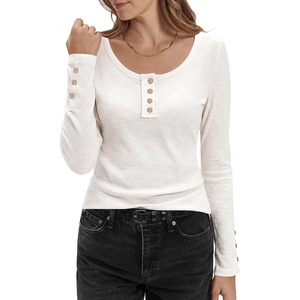 image:imageStelle Womens Long Sleeve Henley T Shirts Button Ribbed Knit Loose Fit Basic Tops Fall Fashion OutfitsWhite
