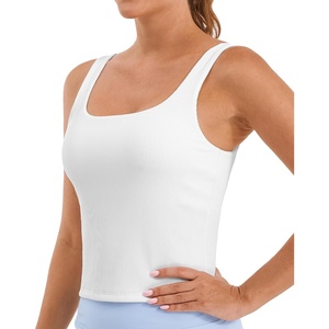 image:imageStelle Womens Ribbed Tank Tops Seamless Padded Workout Crop Top Sleeveless Square Neck Cami Basic ShirtsWhite