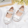 image:imageStelle Dress Shoes for Girls Mary Jane Flats with Bow for School Party  Decorative bow Hookandloop closure Cushioned comfort Flower girl Flexible outsole Patent finish WeddingLight Silver