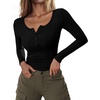 image:imageStelle Women Henley Long Sleeve Crop Tops Ribbed Knit Button Slim Fitted Tops Casual Basic T ShirtsBlack