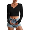 image:imageStelle Women Henley Long Sleeve Crop Tops Ribbed Knit Button Slim Fitted Tops Casual Basic T ShirtsBlack