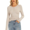image:imageStelle Women Henley Long Sleeve Crop Tops Ribbed Knit Button Slim Fitted Tops Casual Basic T ShirtsDesert Beige2