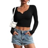 image:imageStelle Women Henley Long Sleeve Crop Tops Ribbed Knit Button Slim Fitted Tops Casual Basic T ShirtsBlack