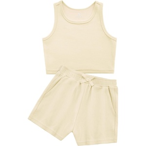 image:imageStelle Girls 2 Piece Outfits Tank Top and Shorts with Pockets 515 Years  Girls Ribbed Crop TopsScoop NeckSleeveless shirtsElastic Waist ShortsBow WaistSide PocketsVanilla