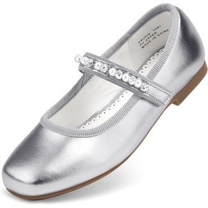 image:imageStelle Girls Dress Shoes Beaded Mary Jane Flats for Flower Girl Party  Pearl and rhinestone Hookandloop strap Flexible outsole Cushioned insole School uniform Wedding Dress occasionsSilver