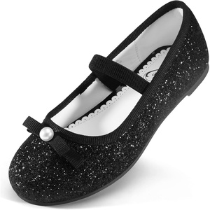 image:imageStelle Girls Glitter Dress Shoes Flats with Pearl Bow for Party Flower Girl  Elastic strap Cushioned comfort Princess shoes Ballet flat style Flower girl Dressup Special occasionsBlack