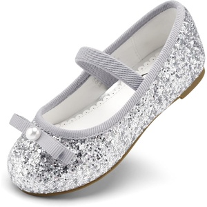image:imageStelle Girls Glitter Dress Shoes Flats with Pearl Bow for Party Flower Girl  Elastic strap Cushioned comfort Princess shoes Ballet flat style Flower girl Dressup Special occasionsSilver